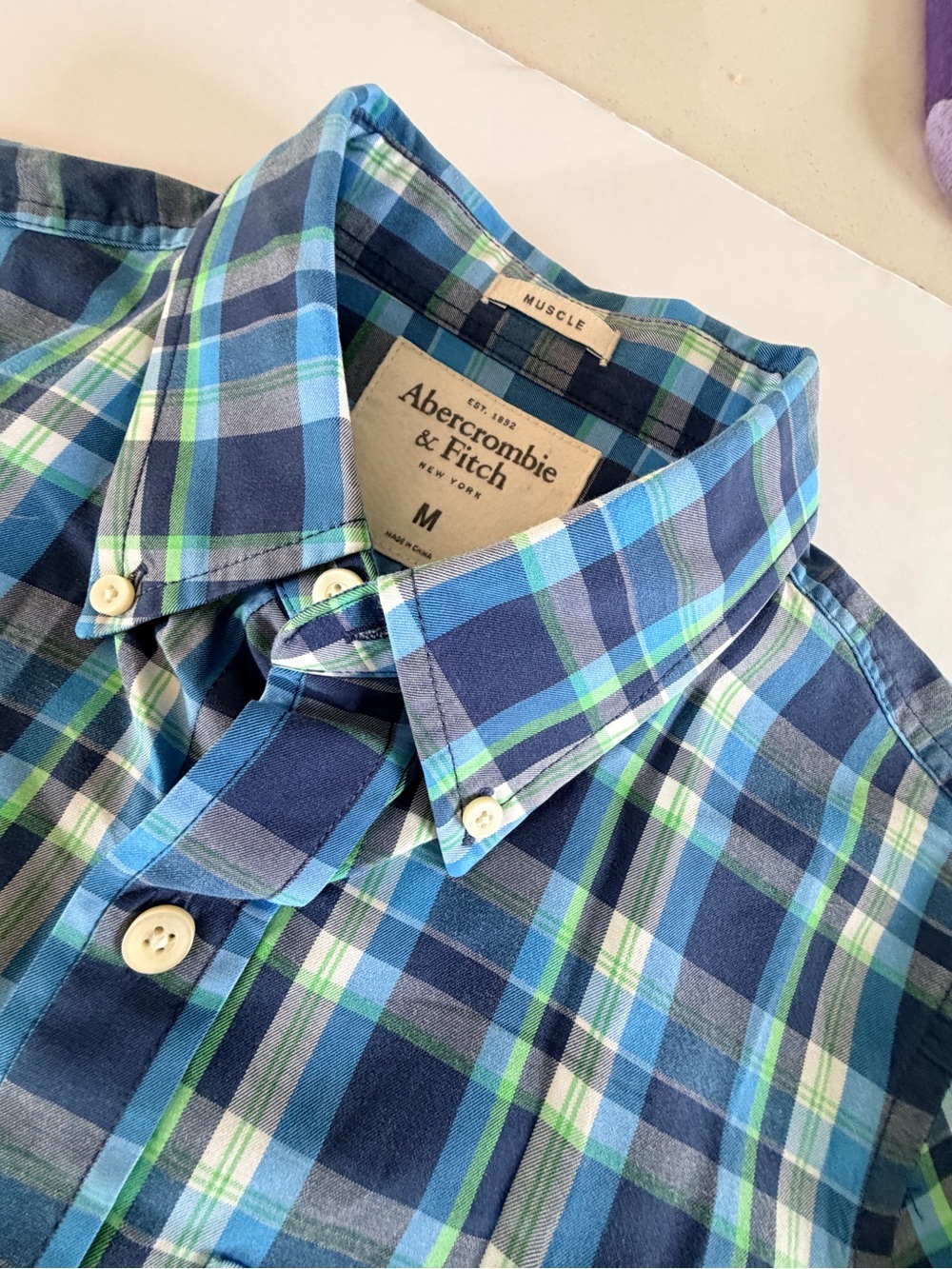 Abercrombie & Fitch Blue and Green Plaid Button-Down Shirt Muscle Fit